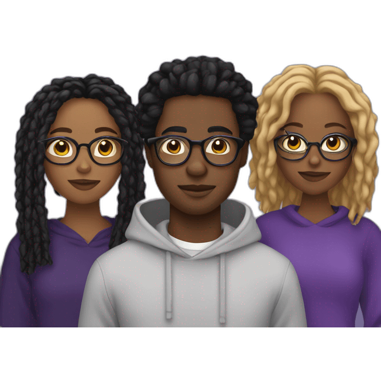 young Black male digital creator with glasses and black locs and purple sweatshirt holding two black women emoji