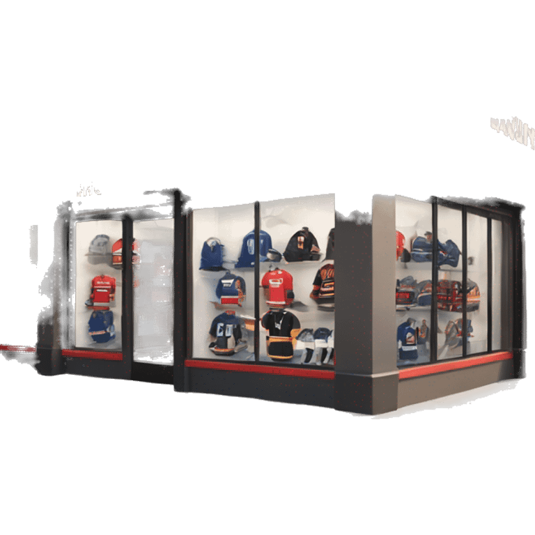 “Hockey store exterior with bold signage, large windows displaying hockey equipment, jerseys, and gear, and a sleek, sporty design that captures the essence of the sport.” emoji