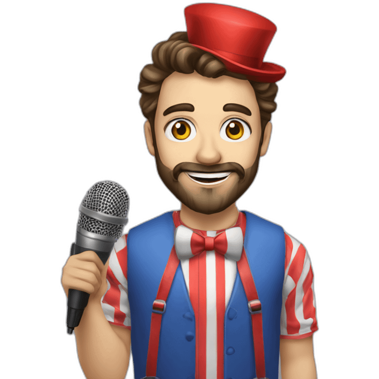 young brunette radio presenter with beard and with a microphone in his hand dressed as a clown emoji