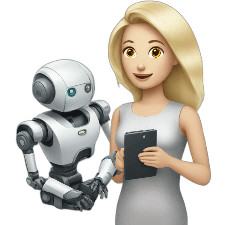 blonde white woman holding robot emoji