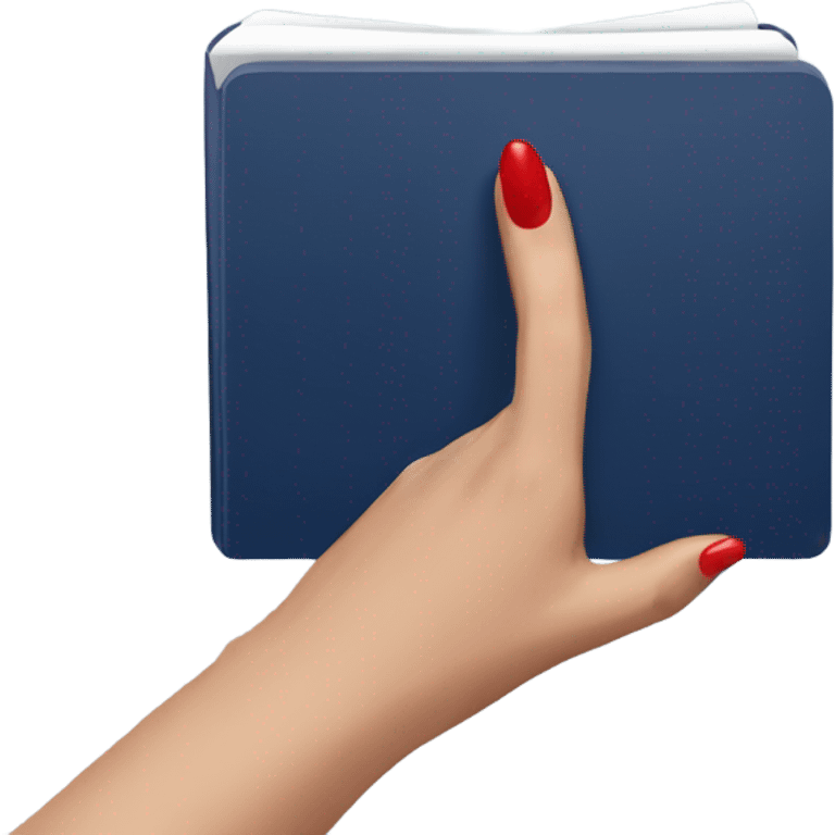 a female hand with a red manicure holds a dark blue notepad emoji