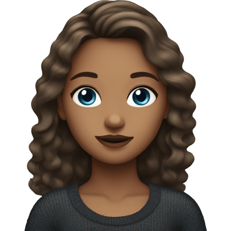 girl with latina makeup, long brown hair with surfer waves, blue eyes, wearing a black sweater. emoji