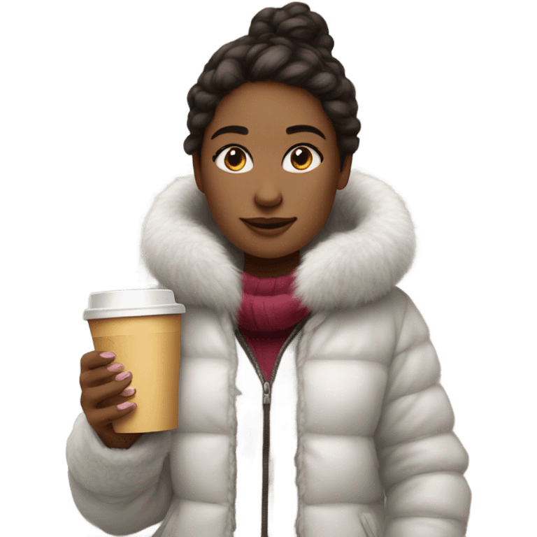 girl wearing fluffy jacket and a coffee to go in hand emoji