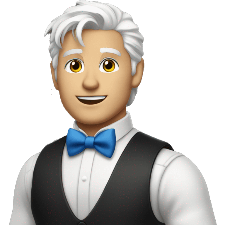 Handsome bartender with white hair and blue eyes. White shirt with black vest and a red bowtie emoji