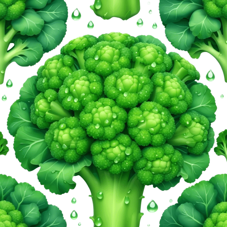 Cinematic lush green broccoli, detailed florets glistening with dewdrops, ultra-fresh and vibrant, soft glowing background, healthy and delicious. emoji