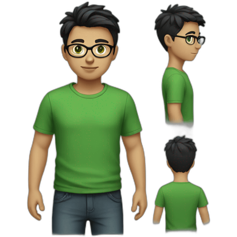 Boy with green eyes, glasses, with black short hair, with green T-shirt emoji