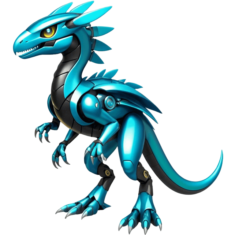 Shiny Futuristic Celestial Glossy-Metallic-Alloy Fakemon-Pokemon-Digimon-Spectrobes-Raptor-fusion, full body, four legs, black body, cyan accents, scales emoji