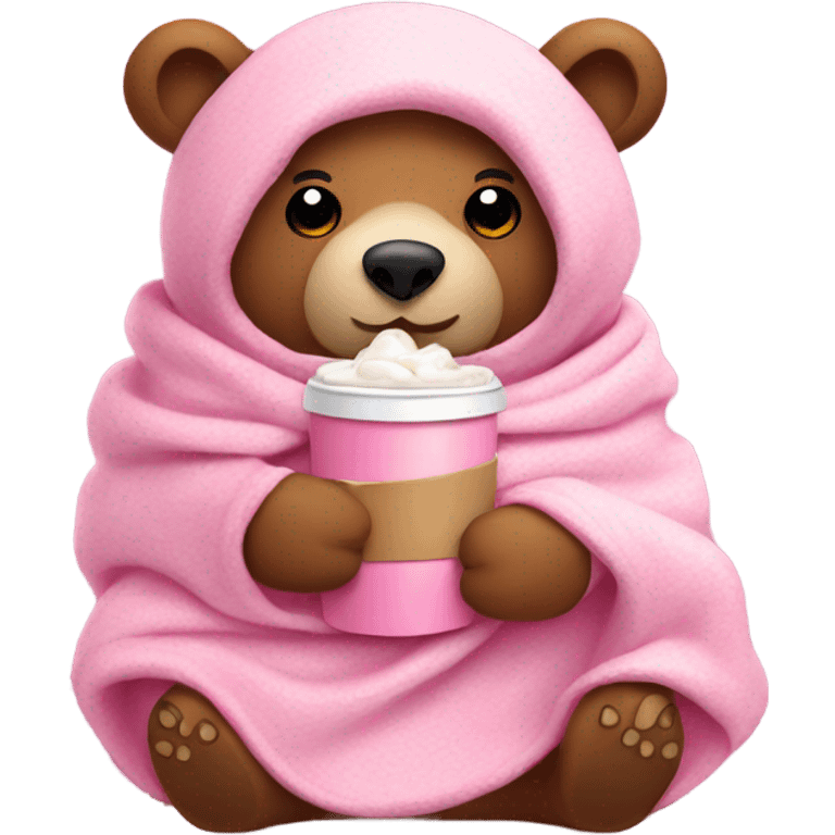 Bear wrapped in pink blanket drinking hot cocoa emoji