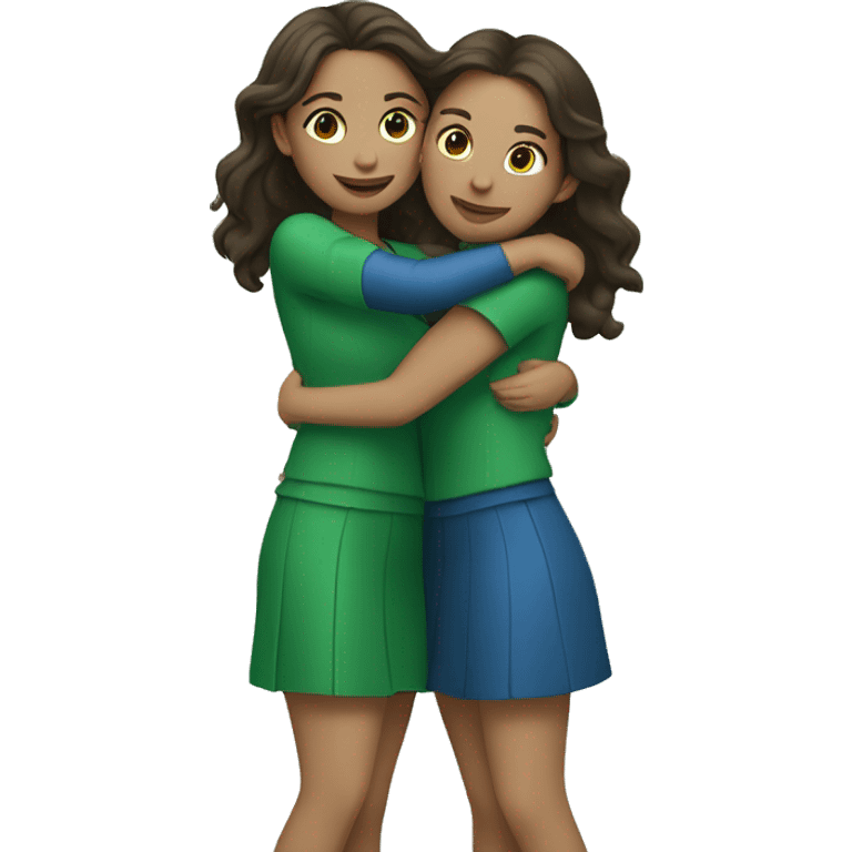 two brunette girls wearing blue and green and hugging each other emoji