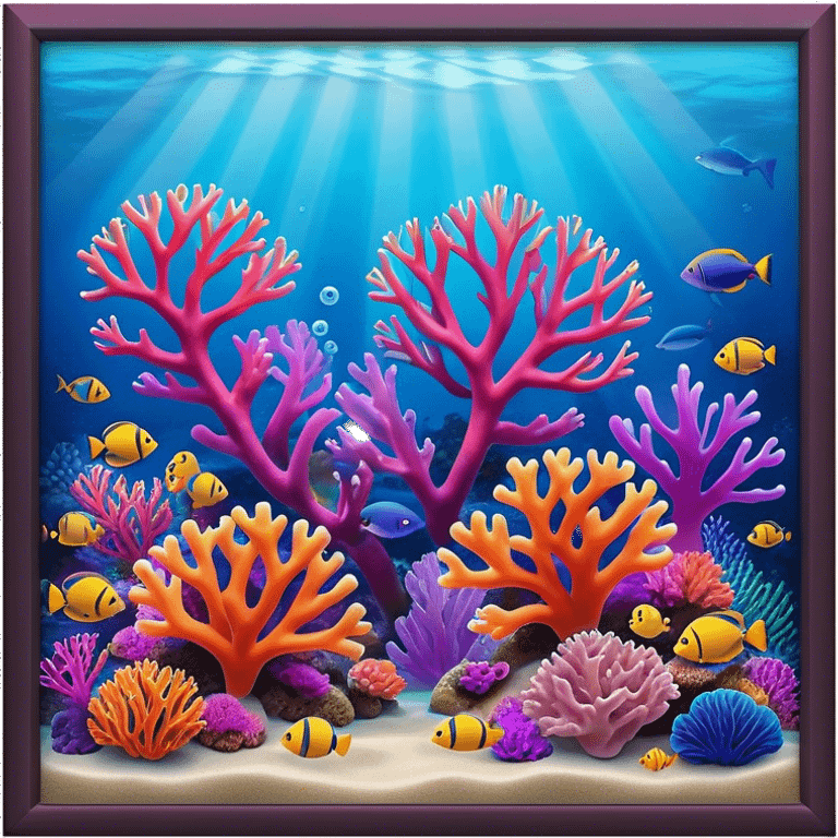 Cinematic Realistic Coral Reef Emoji in a wooden frame, Vibrant and alive, with colorful corals in hues of pink, purple, and orange, swaying gently with the underwater currents. Schools of tropical fish dart between the coral, with soft rays of sunlight piercing through the clear blue water above, creating a magical, serene underwater world. Soft glowing outline, capturing the essence of the bustling, colorful, and peaceful aquatic paradise. emoji