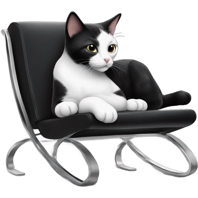 cute black and white cat laying on a big modern black leather and metal chair  emoji