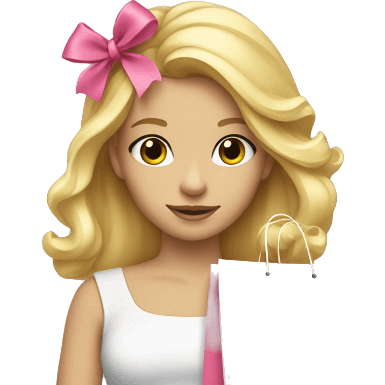 A blonde girl with a pink bow in hair holding shopping bags emoji