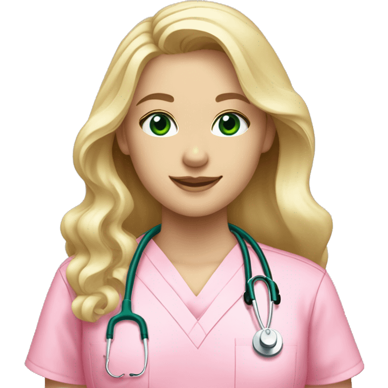 pale blonde girl with long wavy hair and green eyes wearing pink scrubs and stethoscope  emoji