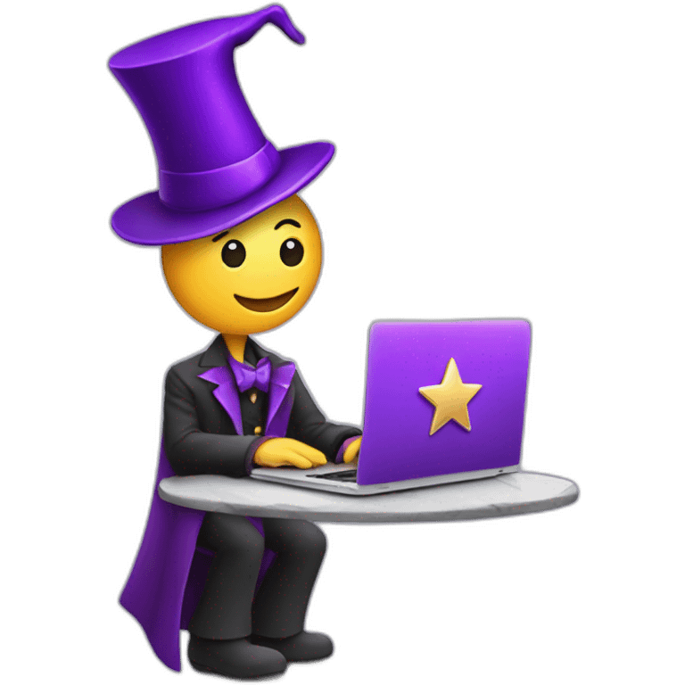 magician with a purple magic hat with a star working on a macbook emoji