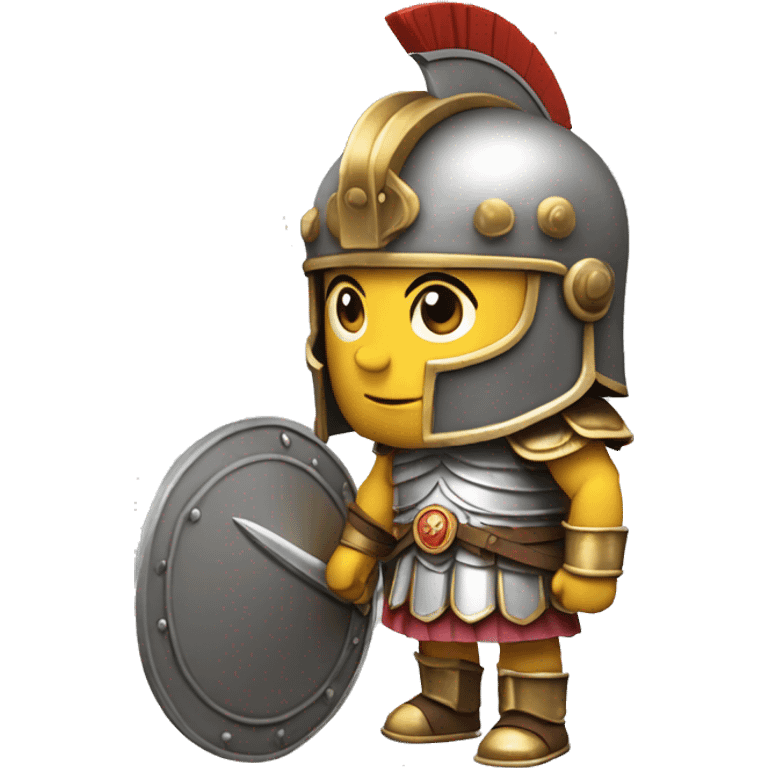 ancient Roman legionary, full height, head turned slightly to the right, right hand palm up, bent at the elbow, holding a shield with his left hand, Roman helmet on his head emoji