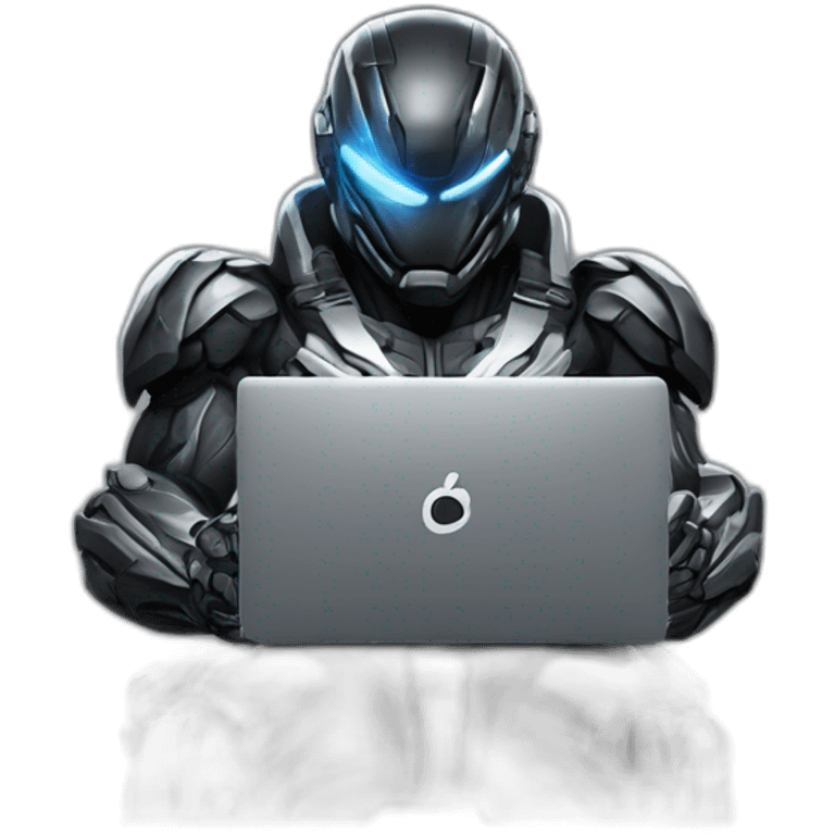 Side view developer behind his laptop with this style : Crytek Crysis Video game with nanosuit hacker themed character emoji