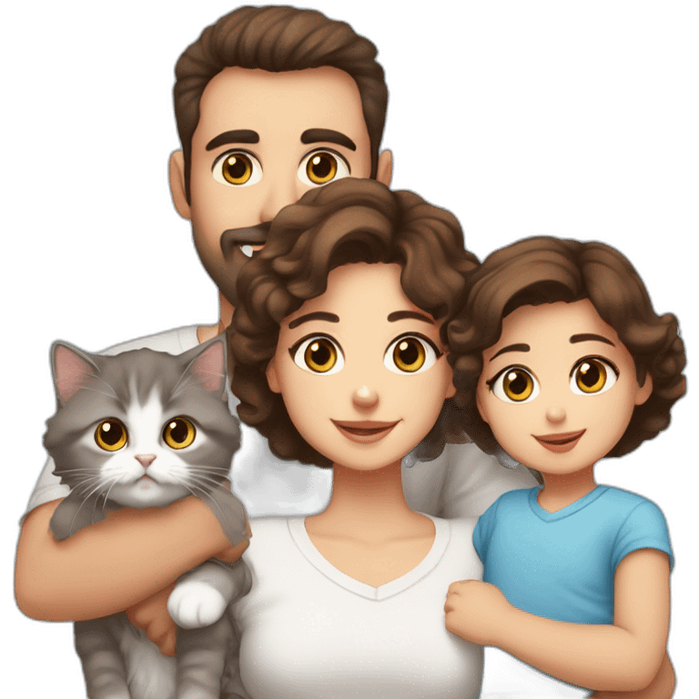 Family with dad with brown eyes and short dark hair, mother with blue eyes and curly brown hair, baby older 5 months, one Persian cat emoji