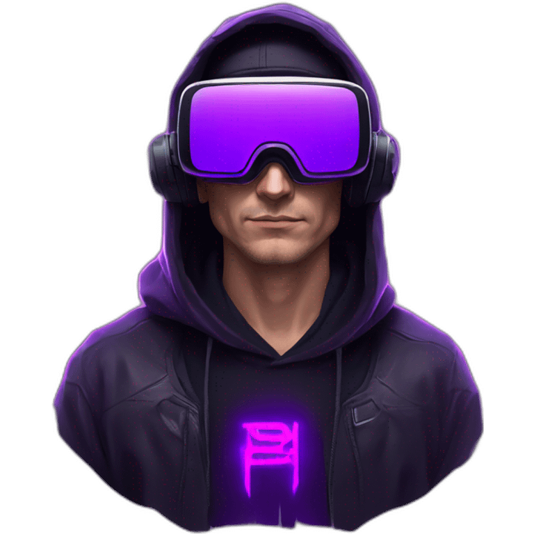 Russian man in the black hoody with violet logo on it wearing vr headset. Cyberpunk style. Violet neon. emoji