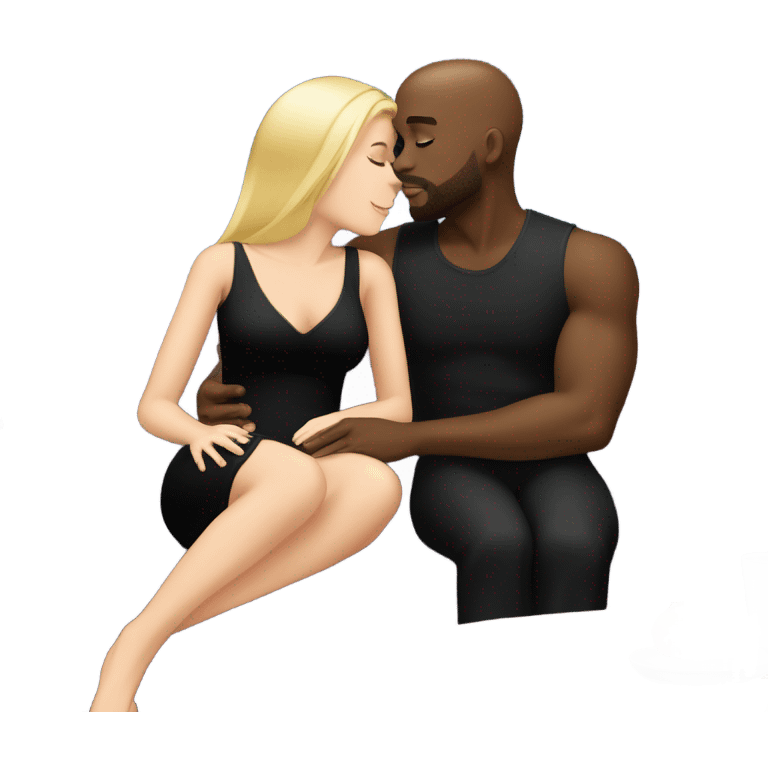 Blonde woman with blue eyes and long straight hair wearing a short black dress and a black man who is bald with a goatee seated together on a sofa enjoying a loving kiss.   emoji