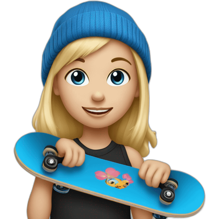 Little blond girl with blue beanie on black skateboard emoji