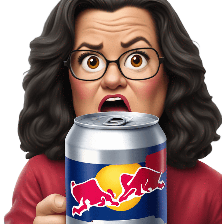 Photo realistic, Rosie O’Donnell drinking Red Bull emoji