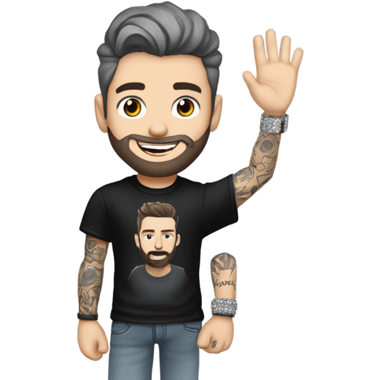 Younger white male with dark brown hair with grey highlights, a beard, and tattoos. He is wearing a diamond coated white gold necklace and a black punk band t-shirt while waving hello emoji