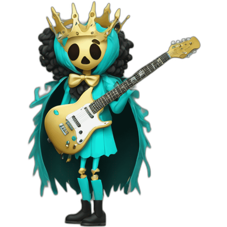 Soolking brook ;black affro cut ;turquoise electric guitar;golden crown ;skeletal face emoji