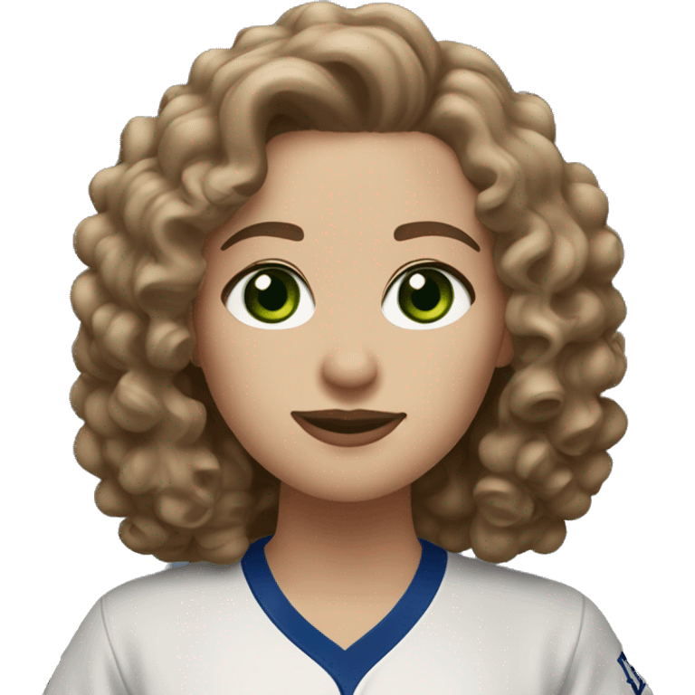 Light brown shoulder length curly hair, Dodgers fan woman with green eyes emoji