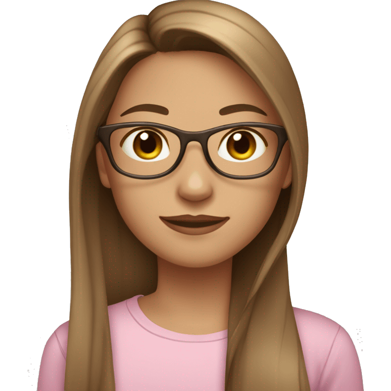 girl with long straight brown hair and carmel highlights, pale/tan skin, pretty, pink shirt, clear glasses,  emoji