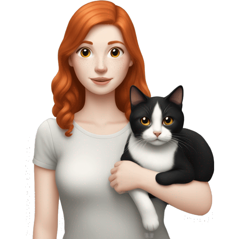 redhead girl with pale skin holding black and white cat emoji