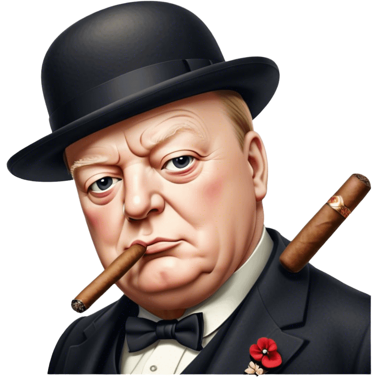 Cinematic Realistic Winston Churchill Portrait Emoji, depicted as a resolute British statesman with a signature bowler hat and a cigar, exuding determined leadership and wartime valor, rendered with lifelike textures and dramatic vintage lighting that captures his iconic British spirit. emoji