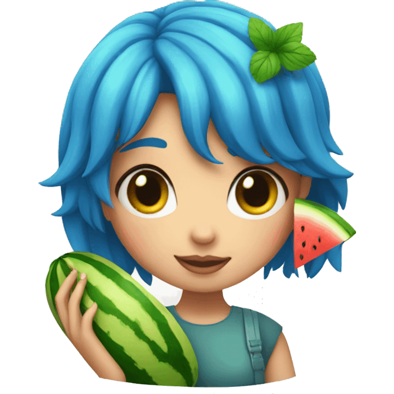 A girl with BLUE hair and a watermelon  emoji