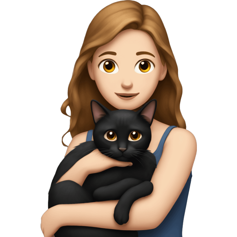 A white girl with brown hair is holding a black cat in her arms emoji