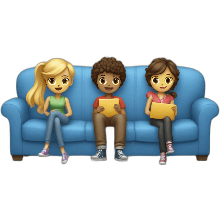 Three gils and one boy sitting on a sofa emoji