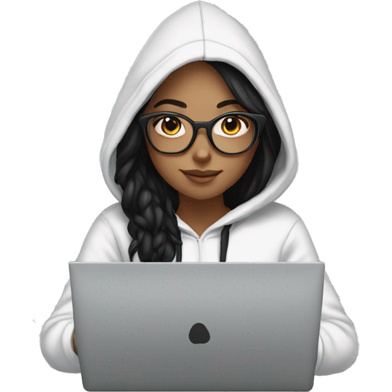 a white tenage girl with black hair and glasses wearing a hoodie working on a laptop emoji