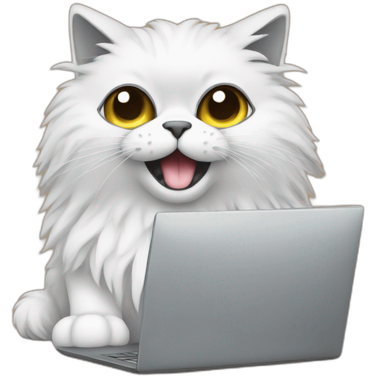 fluffy cat black and white near the computer emoji