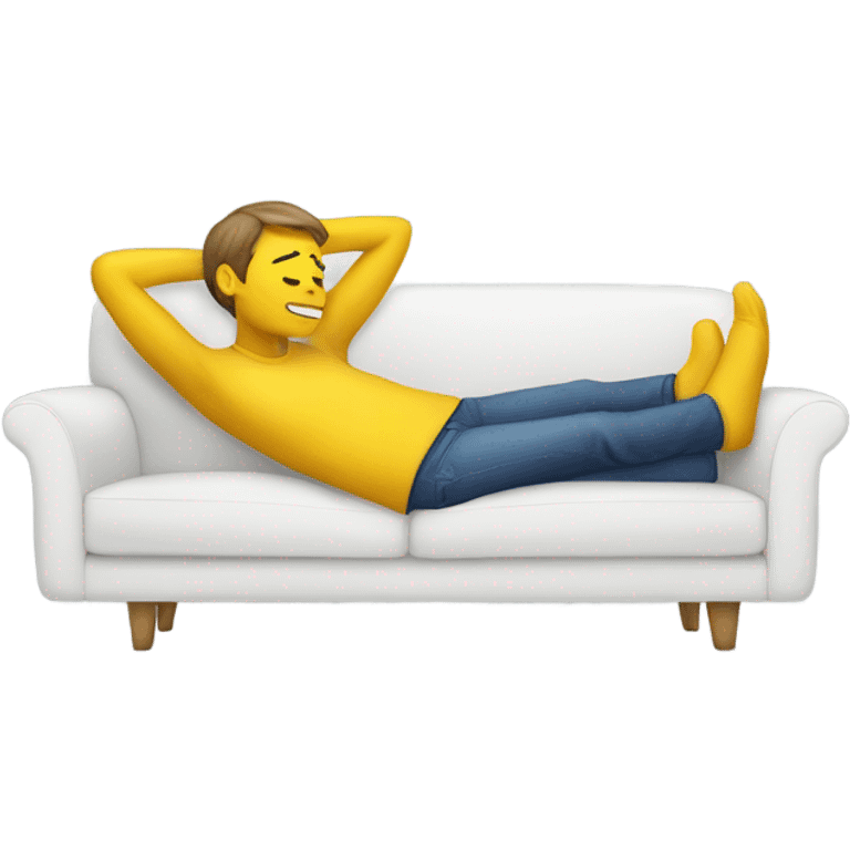 A person lying on a sofa, one leg crossed over the other, with hands behind the head, relaxing in a cozy setting, yellow emoji color skin emoji