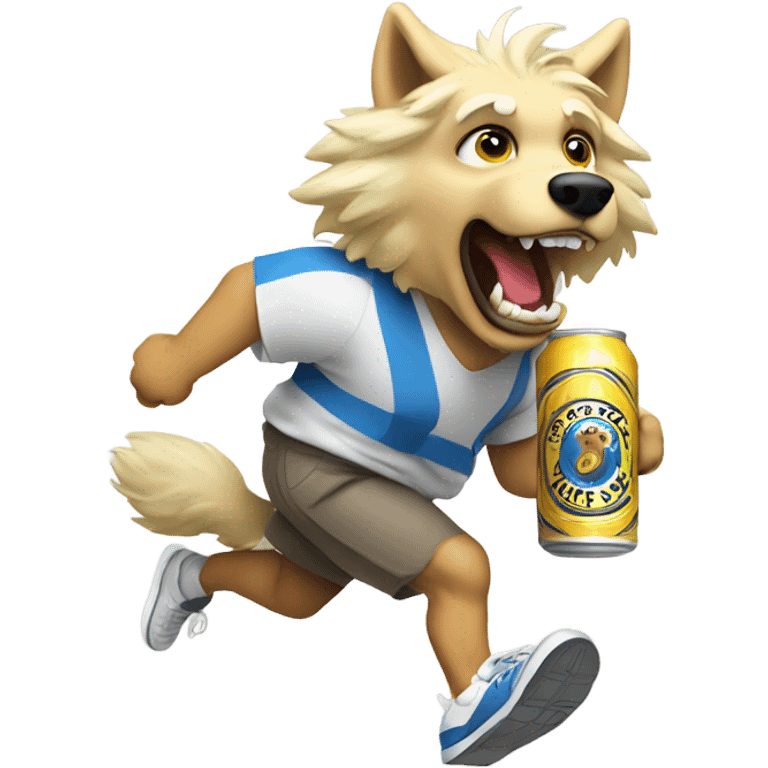 Wolf animal with a blonde wig in sneakers holding a beer running  emoji