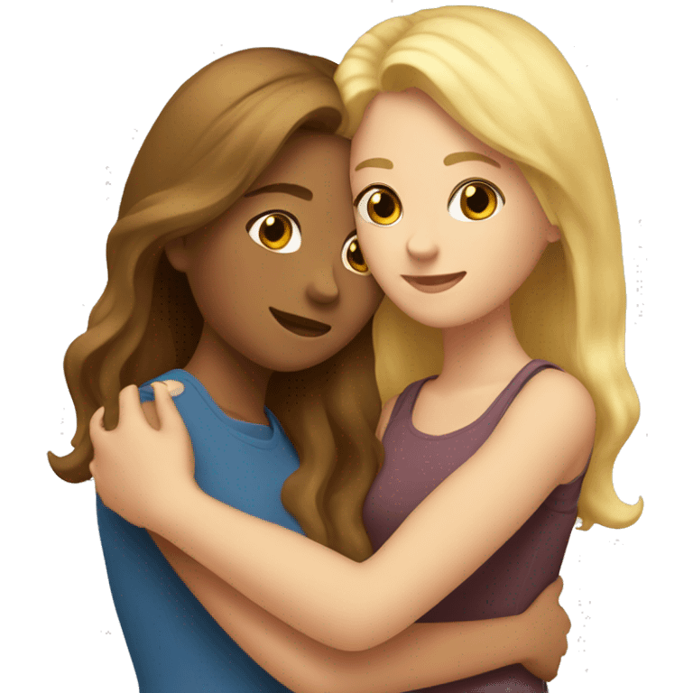 two girl best friends hugging, 1 with brown hair and 1 with blonde hair  emoji