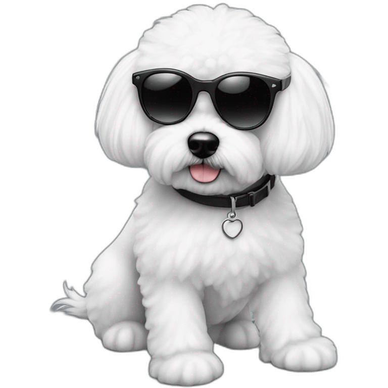 perro bichon maltés blanco y mujer piel blanca cabello negro largo y gafas emoji