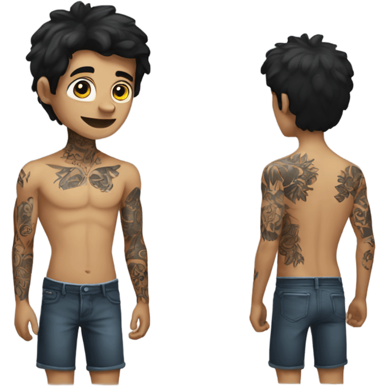 Black hair white male shirtless with tattoos emoji