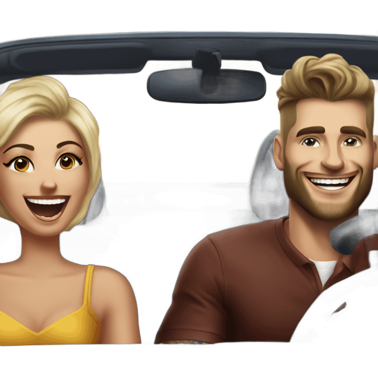 Hyper Realistic gorgeous woman and a handsome tattooed man laughing while driving in a fancy car emoji