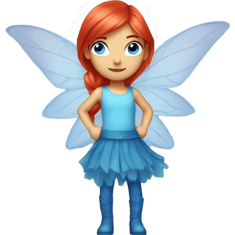 bloom winx fairy with red hair and blue eyes and in blue shirt with wings  emoji