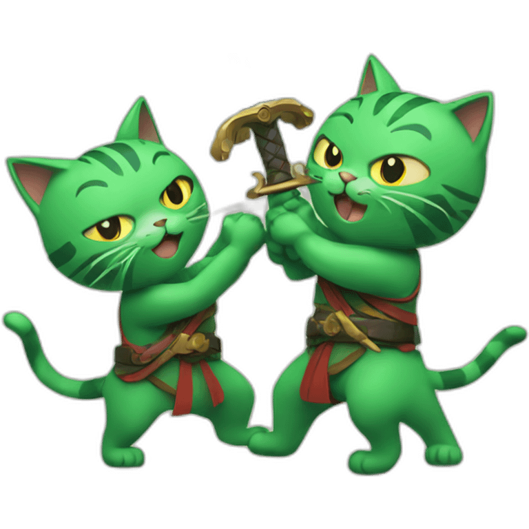 two green cat fighting with sword emoji