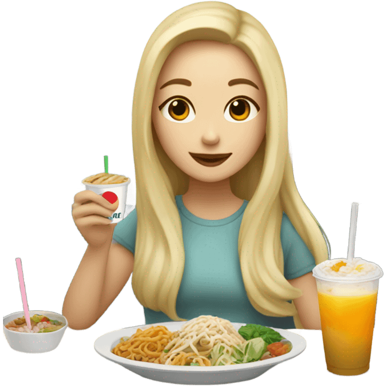  Blonde long hair girl eating Korean food and drinking boba emoji