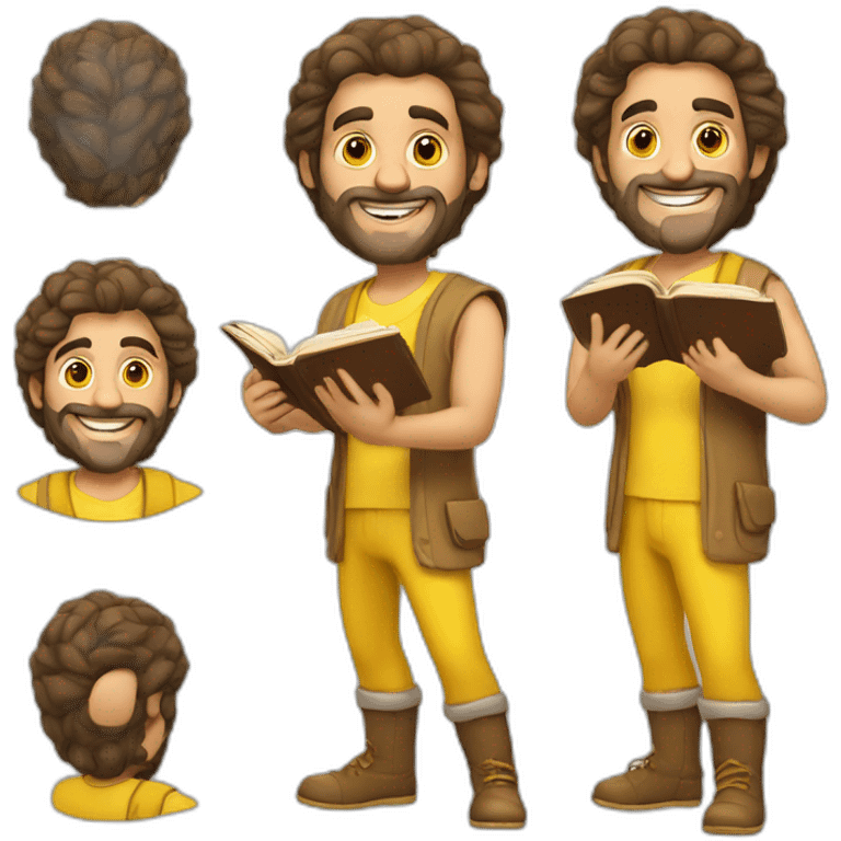 Armenian men with the yellow clothes reading book and looking at camera and smiling  emoji