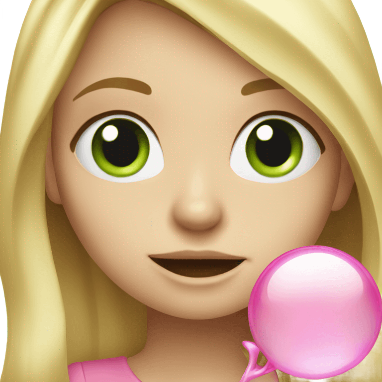 Blonde girl with long hair and green eyes blowing a pink bubble and winking emoji