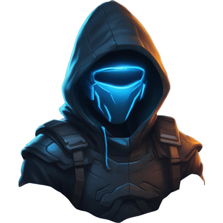 Side view developer behind his laptop with this style : Riot Games Valorant neon glowing bright blue character blue black hooded assassin themed character emoji