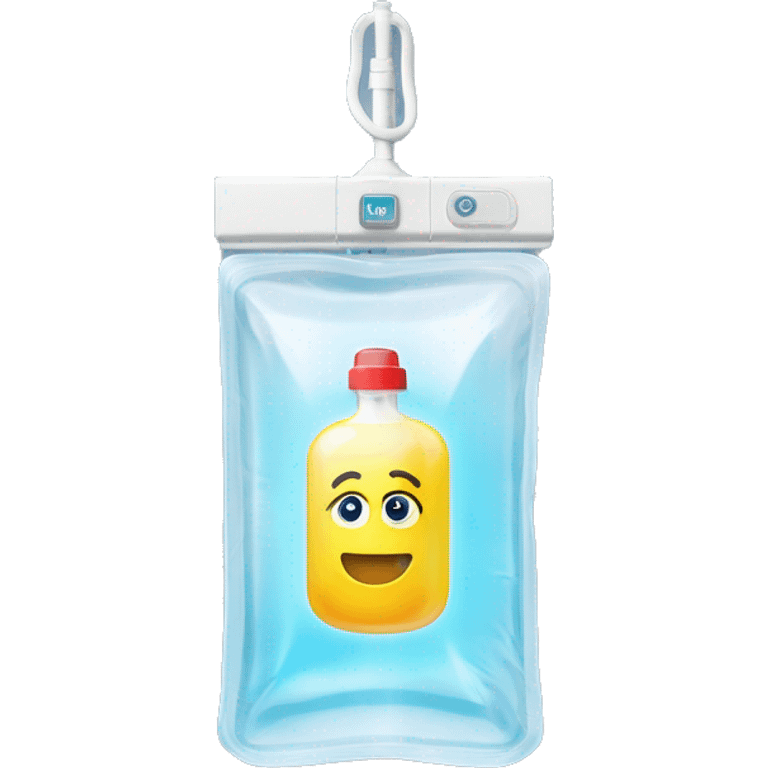 Rectangular transparent plastic iv bag filled with 500ml of saline hanging on an iv pole in an intensive care unit  emoji