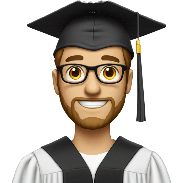 A white male with a beard and glasses who just graduated from high school. He is dressed in a gown and graduation cap. emoji